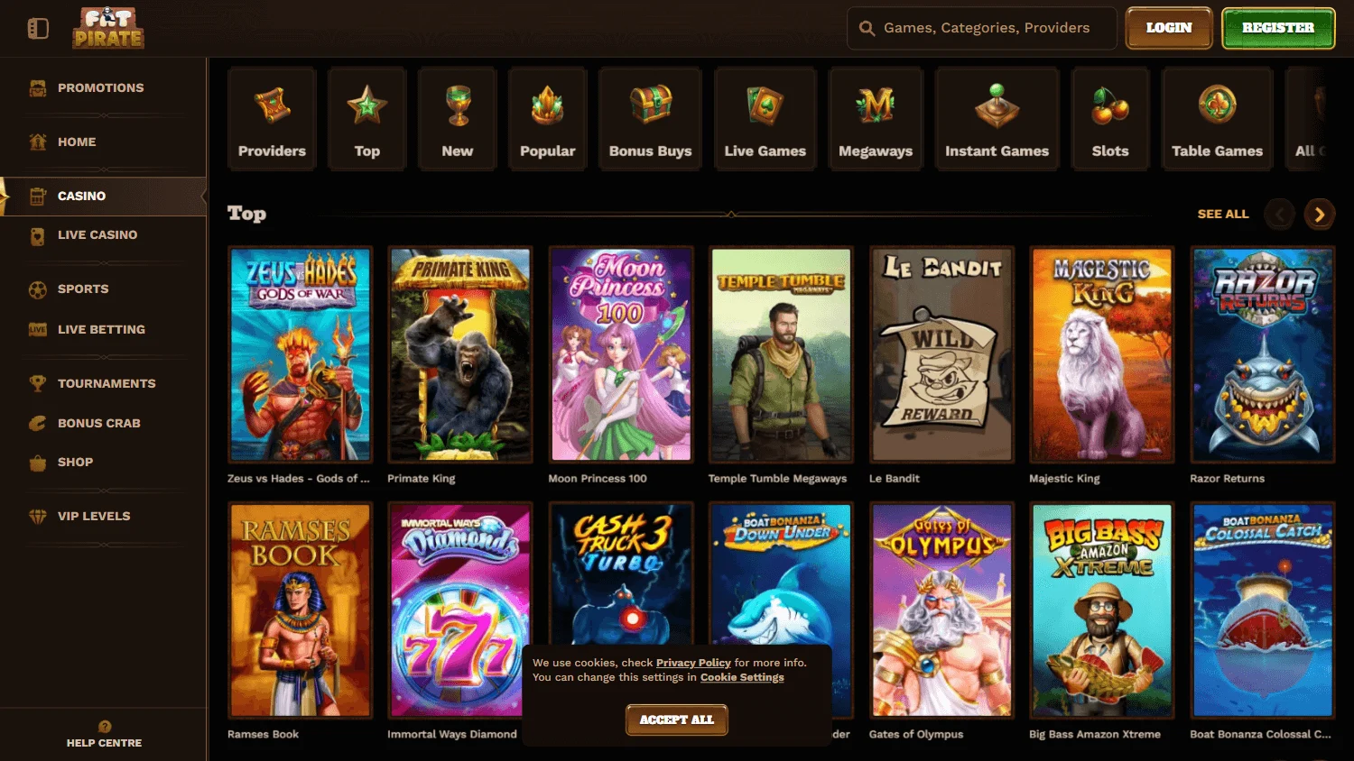 Fat Pirate Casino desktop games area with slots, live casino and instant-win categories