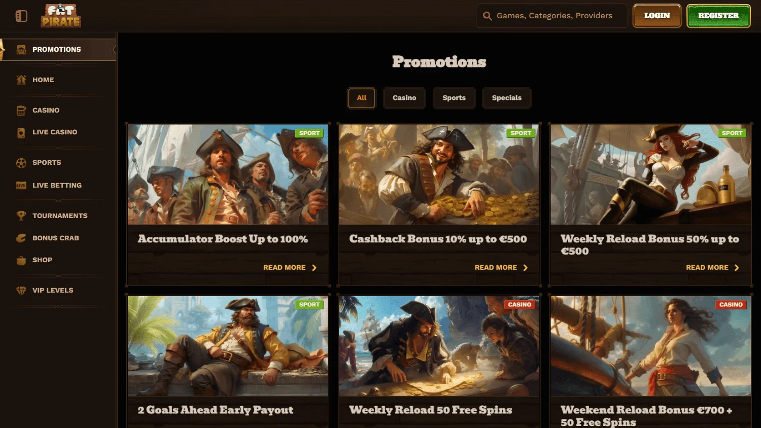 Fat Pirate Casino desktop promotions area with welcome and deposit offers