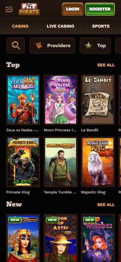 Fat Pirate Casino mobile games interface with slot and casino categories