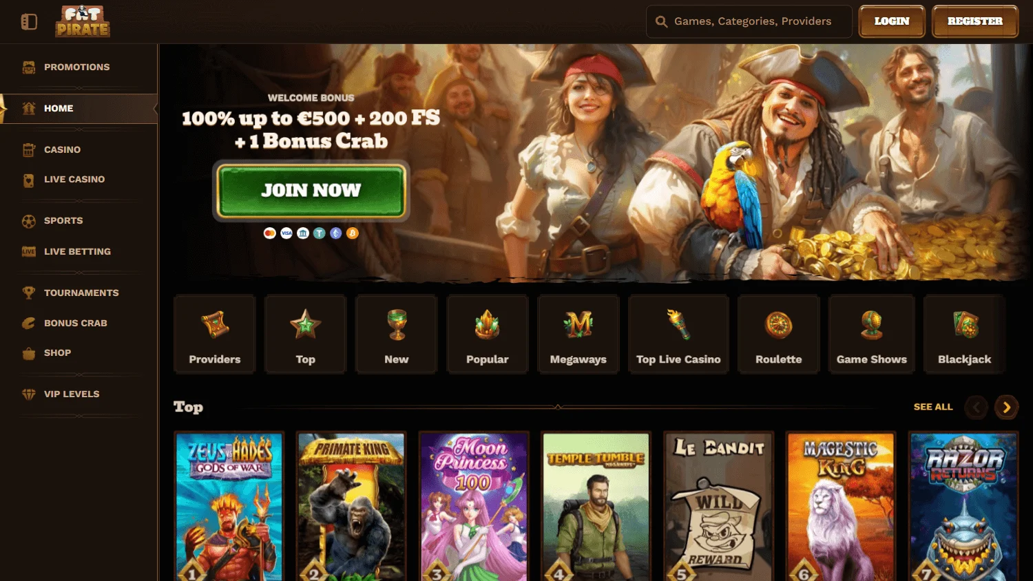 Fat Pirate Casino desktop home interface with casino offer and game categories