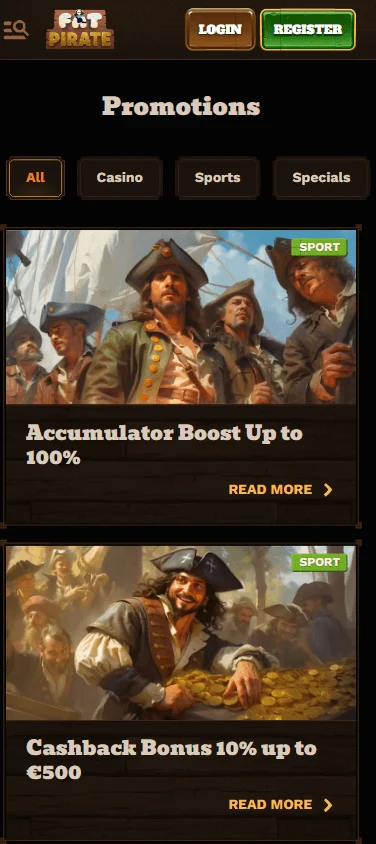 Fat Pirate Casino mobile promotions interface with bonus offers