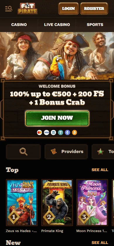 Fat Pirate Casino mobile-optimised home interface on a phone